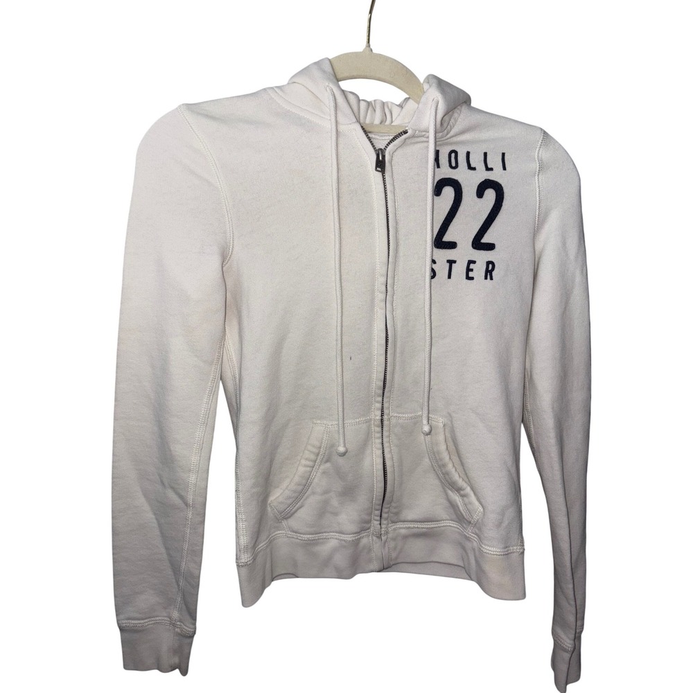 Hollister White Full-Zip Hoodie XS | Graphic Logo "Holli 22‎ Ster"